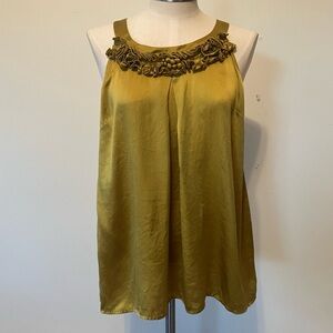 Kenar Silk Gold Shimmery Tie Back Ruffled Sleeveless Blouse Sz. L Holiday Party